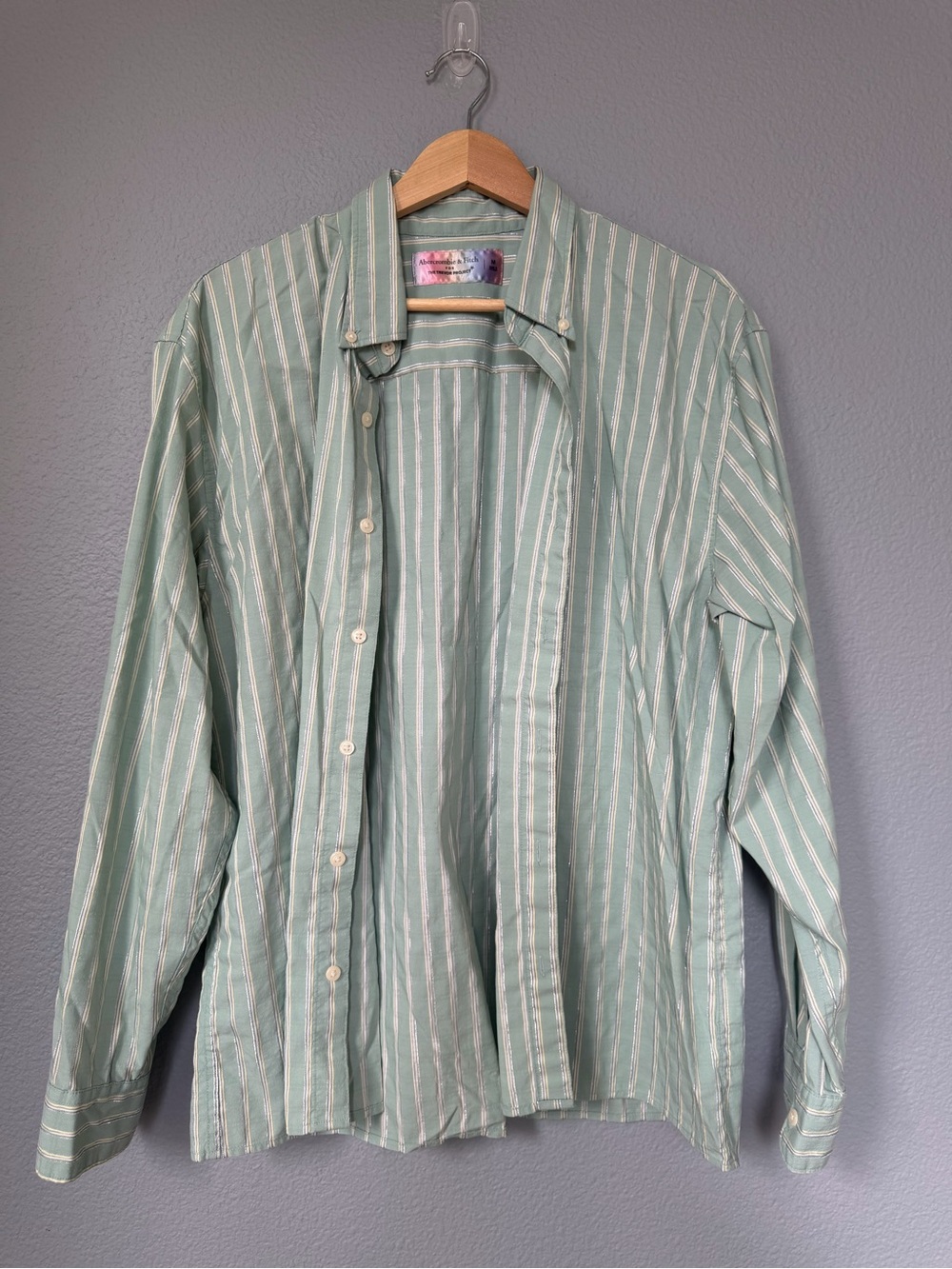 Abercrombie & Fitch Mint Green and White Striped Button-Down Shirt